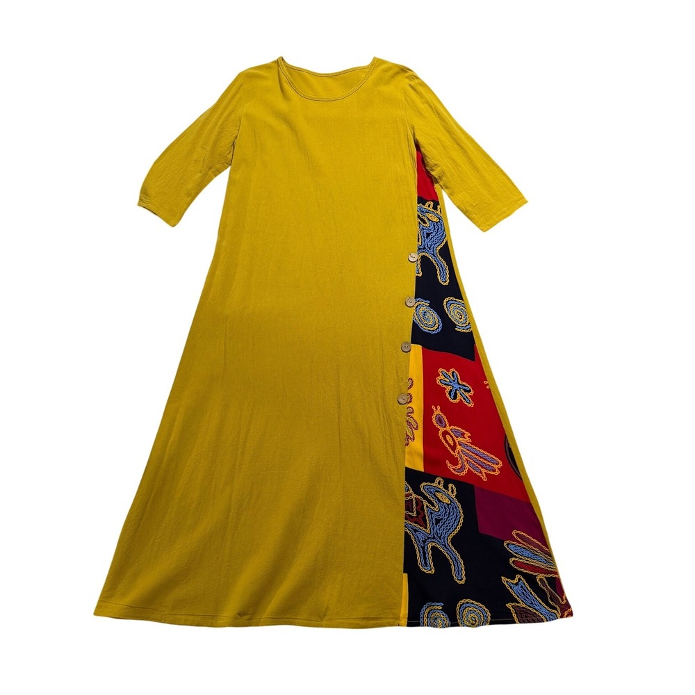 Mustard Yellow Artisan A-Line Midi Dress Boho Minimalist 3/4 Sleeve
